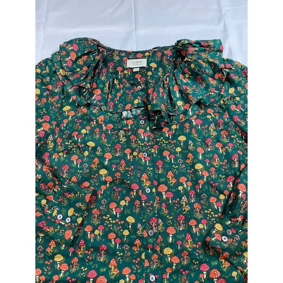 J. Crew Green Floral Ruffled V-Neck Mushroom Blouse - Picture 4 of 10